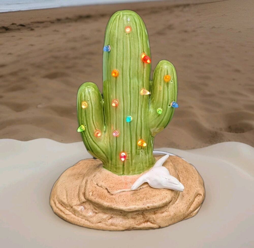 Lighted Vintage Ceramic Cactus Lamp Cow Skull Saguaro Southwestern Decor 8"